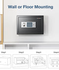 Home Safe Box With 0.6 Cu Ft Stash Space, mounted digitally, steel safe with display and installation steps for secure placement.