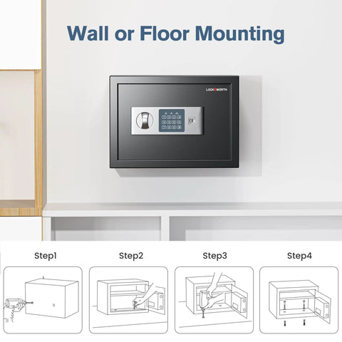 Home Safe Box With 0.6 Cu Ft Stash Space, mounted digitally, steel safe with display and installation steps for secure placement.