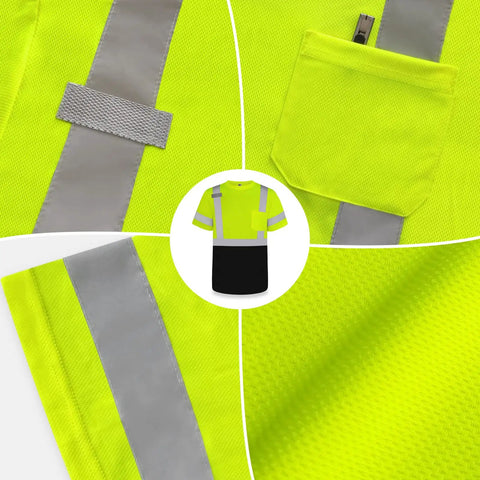 High Visibility Class Two Work Shirt For Men Quick Dry Bird Eye Mesh Safety Tee Bright Yellow XL with reflective strips and pocket.