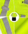 Close-up of Class Two High Vis Shirt For Men Quick Dry Safety Tee lightweight breathable mesh with reflective tape and pocket.