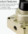 Close-up of Rotary Lever Hand Valve HV-02 Three Position Four Way 1/4 Inch NPT Pneumatic Manual Control Air Flow Valve, aluminum body