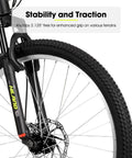 Front wheel of 26 Inch Mountain Bike For Adults, Women And Men, 18 Speed Drivetrain With Dual Disc Brakes, Black Yellow