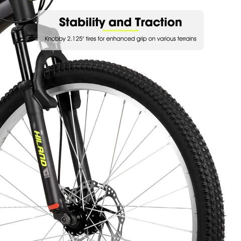 Front wheel of 26 Inch Mountain Bike For Adults, Women And Men, 18 Speed Drivetrain With Dual Disc Brakes, Black Yellow