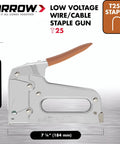 Heavy Duty Staple Gun For Low Voltage Cables And Wires Up To 1/4-Inch Diameter Pro Grade For Alarm Systems, Thermostats, Holiday Lights, And Hard Surfaces Like Fiber Cement Siding And Hardwood Trim shown with measurements and details