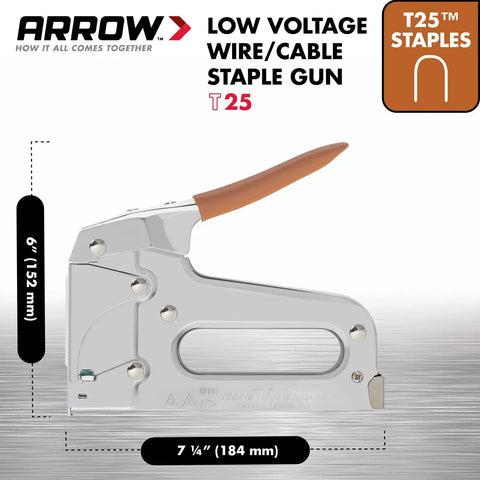 Heavy Duty Staple Gun For Low Voltage Cables And Wires Up To 1/4-Inch Diameter Pro Grade For Alarm Systems, Thermostats, Holiday Lights, And Hard Surfaces Like Fiber Cement Siding And Hardwood Trim shown with measurements and details