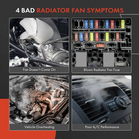 4 bad radiator fan symptoms including fan not running, blown fuse, overheating engine, and poor A/C performance.