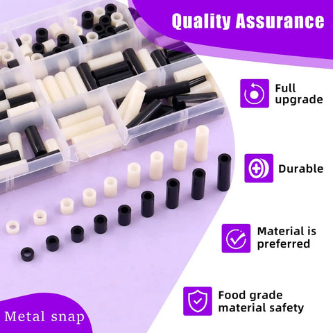 Top Shelf Nylon Spacer Standoff Hardware Assortment Kit 180 Pieces Black And White M5 Threaded Insulators in a clear organizer.