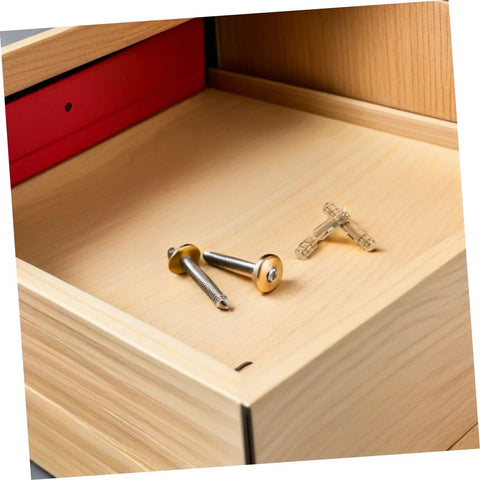 Sleek Hidden Brass Barrel Hinges For Jewelry Boxes And Wooden Cabinets, 25-Piece Set displayed inside wooden drawer