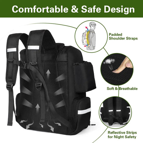 Back view of Large Fishing Backpack With Rod Holders showing padded straps, breathable mesh, and reflective strips