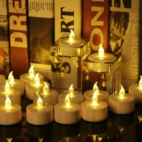 Battery Operated Tea Lights 24 Pack Flickering LED Flameless Candles Warm Yellow For Weddings Parties Home Decor display
