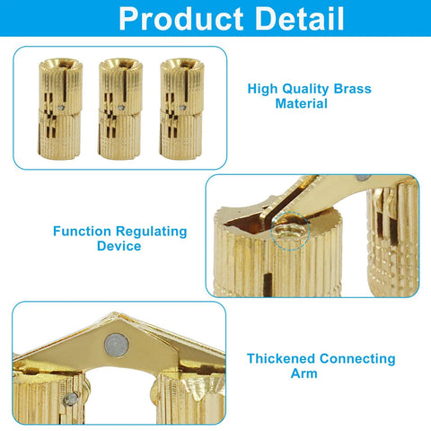 12 Pack 10mm Hidden Brass Barrel Hinges For Jewelry Boxes And DIY Hand Craft, close-up view of polished brass material and features