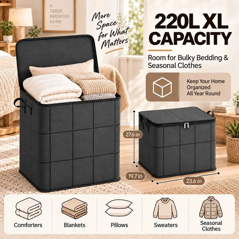 Heavy Duty Moving Storage Bins That Make Dealing With Clutter A Snap Featuring Sturdy Handles Secure Zipper And Quick Fold Layout For Bulky Coats And All Your Seasonal Stash, 220L capacity storage box with blankets.