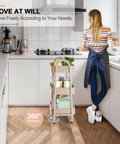 Woman using Three Tier Rolling Utility Cart With Lockable Wheels And Handy Metal Handle, Metal Storage Organizer On Wheels in kitchen