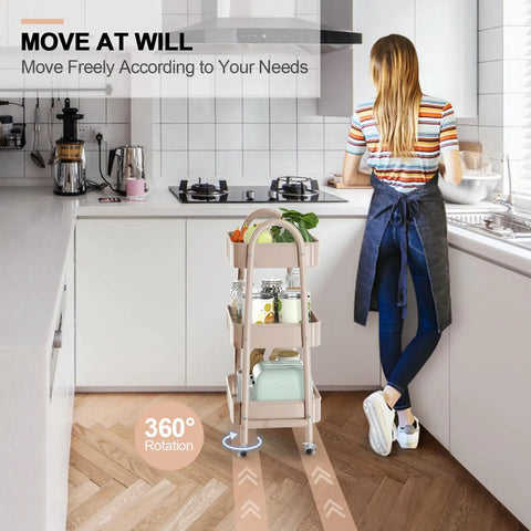 Woman using Three Tier Rolling Utility Cart With Lockable Wheels And Handy Metal Handle, Metal Storage Organizer On Wheels in kitchen