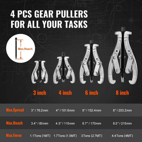 4 Piece Gear Puller Kit With 3 4 6 8 Inch Spreads, 2 Or 3 Reversible Jaws, External And Internal Removal Tool diagram