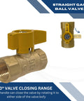 Front view of brass gas ball valve, 1/2 in IPS, yellow metal handle, CSA-approved, 1/4-turn, threaded connections