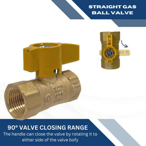 Front view of brass gas ball valve, 1/2 in IPS, yellow metal handle, CSA-approved, 1/4-turn, threaded connections