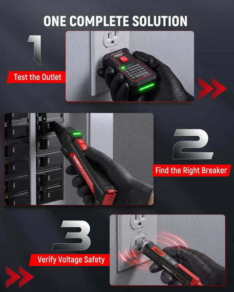 Plug And Play Circuit Breaker Finder Kit With Non Contact Voltage Tester testing an outlet and breaker for GFCI diagnostics.