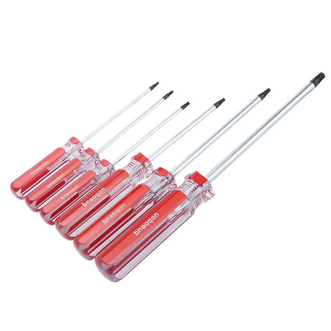 Badass 13 Piece Magnetic Torx Screwdriver Set Featuring Security Tamper Proof Star Bits In All Sizes T4 To T40 with red acetate grips.