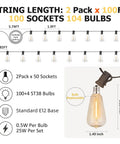 Outdoor String Lights 100 Ft Edison Bulbs Waterproof Warm White 2200K diagram with socket details and bulb dimensions.