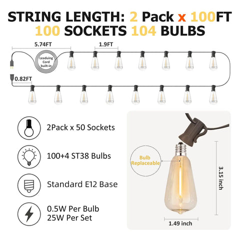 Diagram of Tough As Nails Outdoor Edison String Lights Waterproof With Warm White Led Bulbs For Backyard Patio Gazebo And Pergola Lighting Using Shatterproof Plastic Bulbs In Soft 2200K Glow That Connect Together Easily showing size and specs