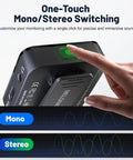 Finger pressing button on PM 2S Portable Wireless In Ear Monitor System With One Touch Mono Stereo Switch for audio mode selection.