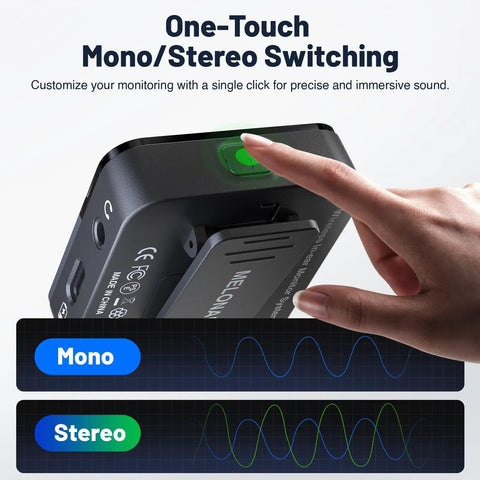 Finger pressing button on PM 2S Portable Wireless In Ear Monitor System With One Touch Mono Stereo Switch for audio mode selection.