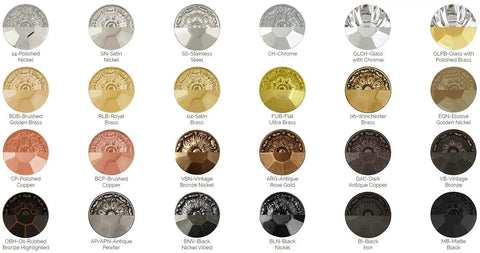Assortment of traditional hardware finishes, showing colors and textures for glass mushroom cabinet knobs and pulls.