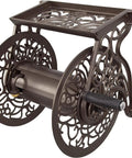 Decorative Cast Aluminum Wall Mount Garden Hose Reel Holds 125 Feet Of Five Eighths Inch Hose Bronze Finish Weather Resistant Non-Rust Construction With Smooth Rewind And Fully Assembled Design, featuring ornate bronze design and sturdy structure.