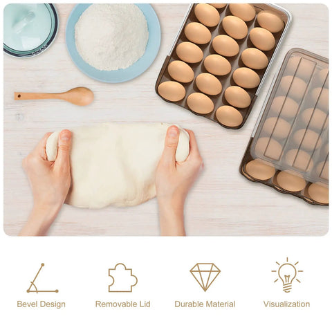 Top view of baking preparation with 36 Count Large Capacity Egg Holder For Refrigerator With Automatic Rolling Tray And Lid visible