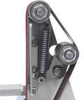 Close-up of the mechanism of the Rock Solid Mini Belt Sander With Seven Adjustable Speeds for precise sanding and polishing.