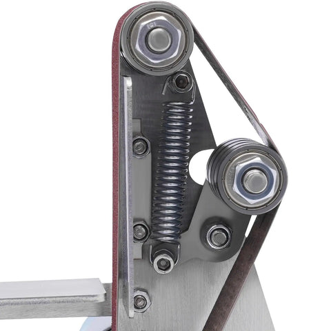 Close-up of the mechanism of the Rock Solid Mini Belt Sander With Seven Adjustable Speeds for precise sanding and polishing.