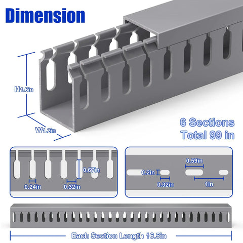 Dimensions of Under Desk Cable Management Raceway Kit 6X 16.5 Inch Sections, 99 Inch Total Length, Open Slot PVC Wire Raceways