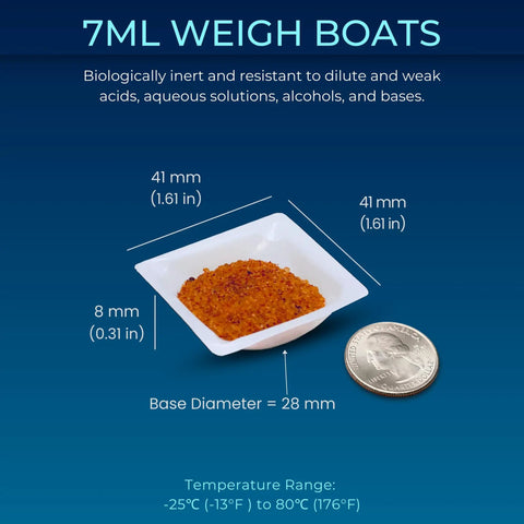 Disposable 7ml Weigh Boats In A 125 Pack Small Plastic Trays For Lab Weighing Dishes Polystyrene Food Safe Antistatic Lightweight And Durable For Mixing Measuring And Weighing Powders Liquids Supplements And Food Samples, shown with 41 mm size