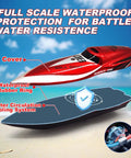 Mini RC Boat For Kids 8 To 12 Years Old 2.4GHz Remote With 360 Degree Spin Waterproof design showing red cover and cooling system