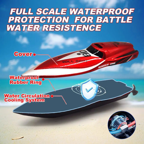Mini RC Boat For Kids 8 To 12 Years Old 2.4GHz Remote With 360 Degree Spin Waterproof design showing red cover and cooling system