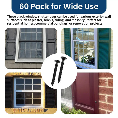 Sixty Pack Three Inch Vinyl Shutter Fasteners Heavy Duty Shutter Locks Rock Solid Grip Dead Simple Install Weatherproof Pegs on varied surfaces.
