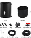 Auto Drip Irrigation System Kit with 13 Gallon Foldable Bucket and 25W Water Pump components for plant care.