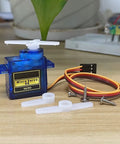 10 Pack SG90 9G Micro Servo Motors For RC Toys And Arduino Projects, shown with wires and screws, blue case, JR Futaba interface