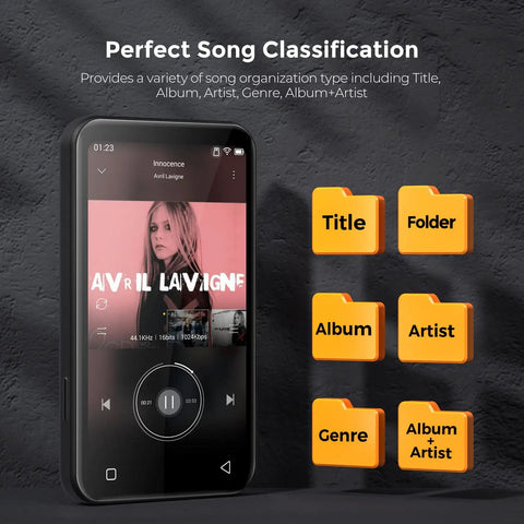 72GB WiFi MP3 Player With Bluetooth 4.0 Inch Full Touch Screen MP4 Player With Speaker showing music classification options