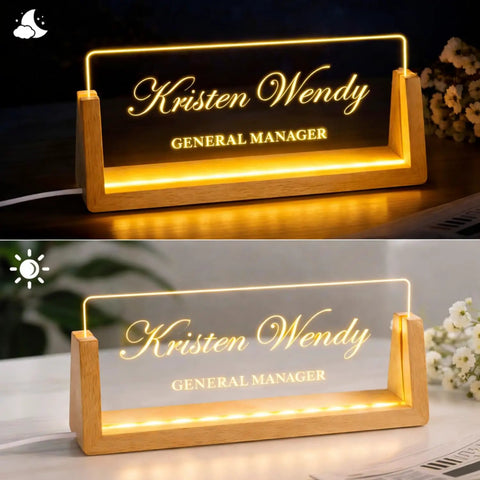 Custom Desk Name Plate With LED Wood Base, Light Up Acrylic Name Plate For Desk And Office Sign showing 'Kristen Wendy, General Manager'