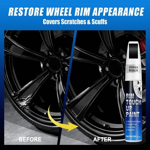 Gloss Black Rim Touch Up Paint Kit With 2 In 1 Brush And Tip, 0.4 Fl Oz, repairing scratches on alloy wheel rim.