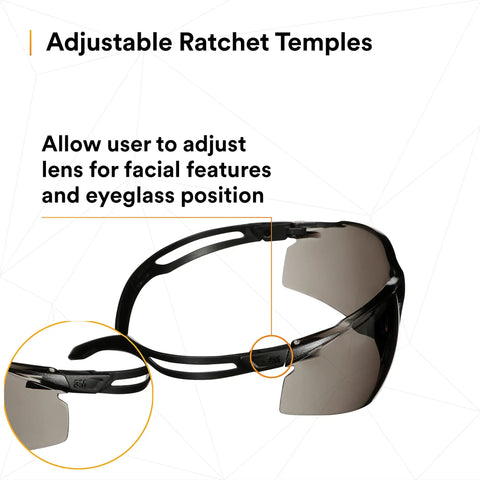 SecureFit 500 Series Safety Glasses 20 Pack with adjustable ratchet temples and gray lenses shown with close-up detail on adjustment.