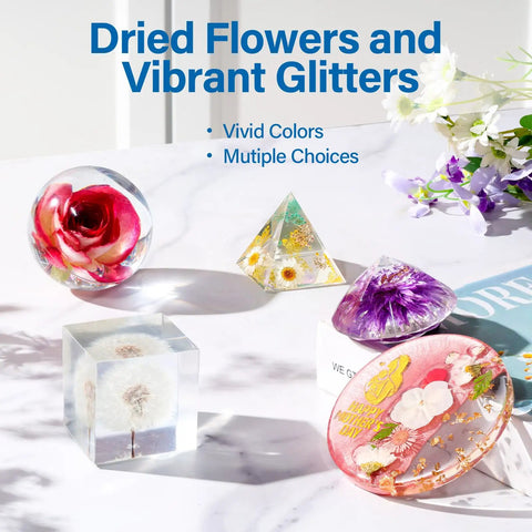 Epoxy Resin Art Kit With Silicone Molds, 16oz Resin, 12 Color Glitter, Dried Flowers set showing vibrant glitter crafts.