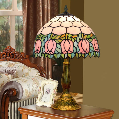 Cozy Pink Tulip Tiffany Style Stained Glass Table Lamp 12 Inch Wide 18 Inch High With Aluminum Base E26 Bulb Included