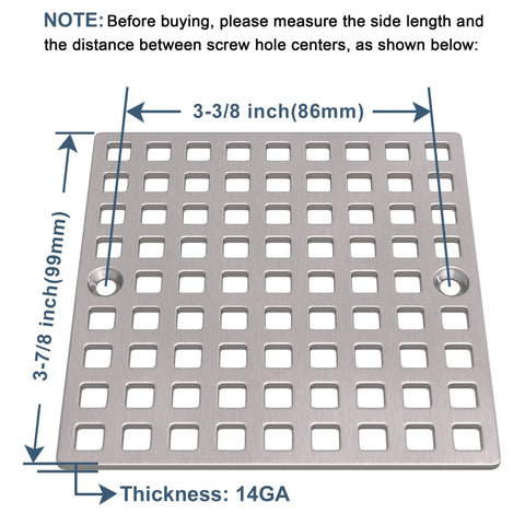 Built Tough Brushed Nickel Square Shower Drain Cover 3-7/8 Inches Wide showing dimensions and grid pattern for standard drains.