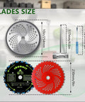 Beefed Up Brush Cutter Blades Set for Trimmers: Various blade sizes shown with measurements and accessories, including adapter kits.