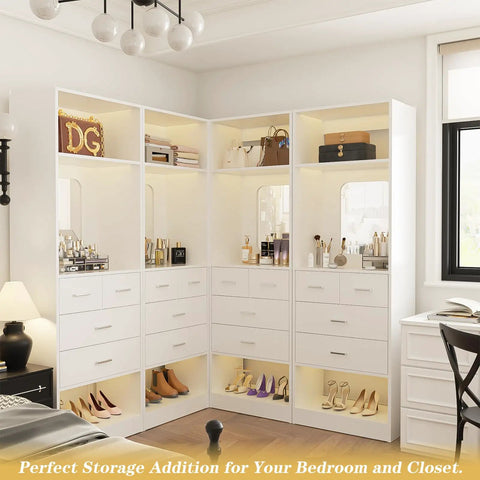 Totally Versatile White Modular Closet System With Drawers, Heavy Duty Wardrobe Organizer With Full Length Mirror, No Sweat Setup Walk In Closet Cabinet For Bedroom, Tough Enough For Two Thousand Pounds