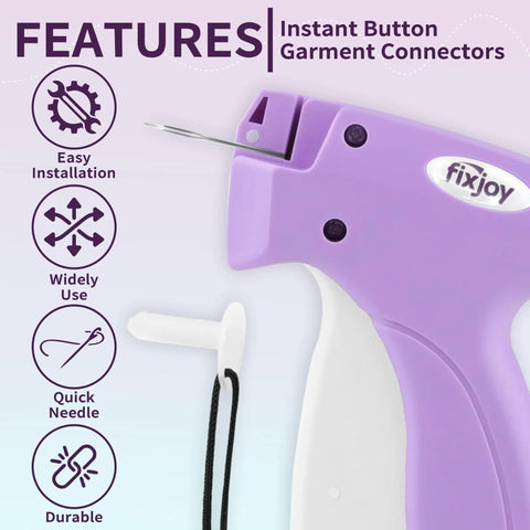 Purple Stitch Gun for Clothes Handheld Sewing Kit With Safety Storage Box showing needle and features infographic