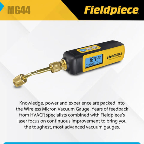 HVACR Wireless Vacuum Gauge MG44 For Quick Pro Grade Micron Readings With Reversible Angled Coupler For a Secure Seal Standalone Or Job Link App Or SMAN Manifold Screen All In One Long Range Vacuum Tool For Tight Spaces, yellow and black